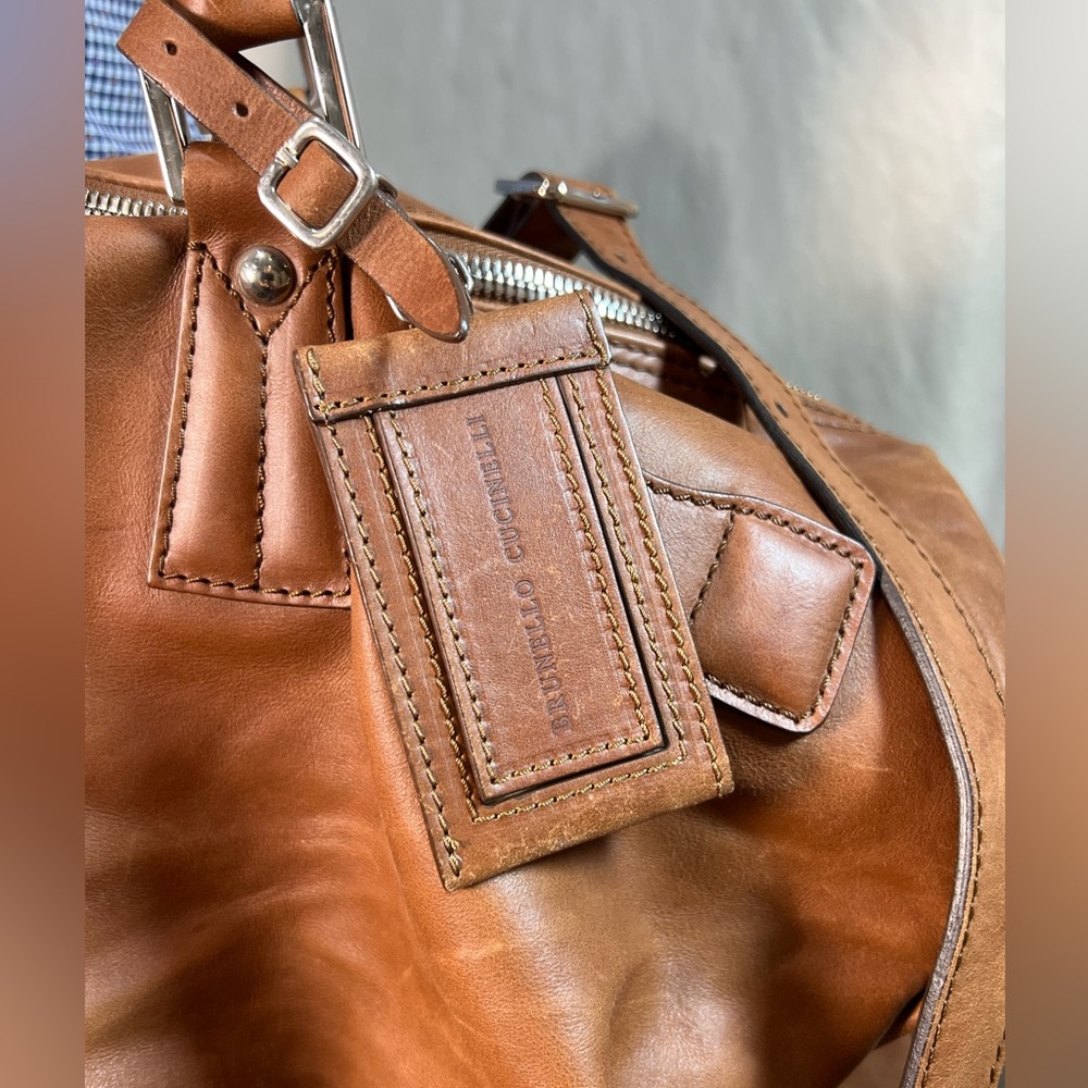 $7K Brunello Cucinelli Soft Glove Leather Duffle Weekend Bag Brown Cognac Unisex - Picture 2 of 15